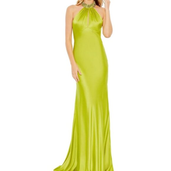Mac Duggal Lime Green Beaded Halter Neck Satin Mermaid Gown - Picture 1 of 5